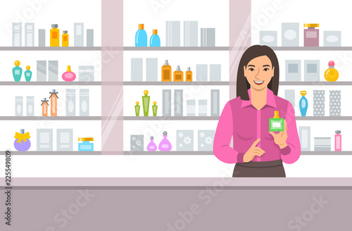Cosmetics store asian girl counter near shelves with perfumes and skin care products. Young woman seller offering bottle with new aroma at the perfume shop. Vector cartoon background