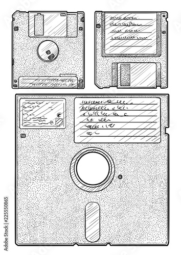 Floppy disk illustration, drawing, engraving, ink, line art, vector