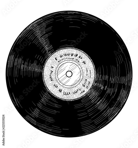 Vinyl record illustration, drawing, engraving, ink, line art, vector