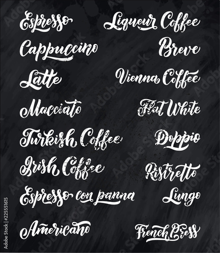coffee names typography for restaurant menu. Calligraphy style. Shop promotion. Graphic design lifestyle lettering.