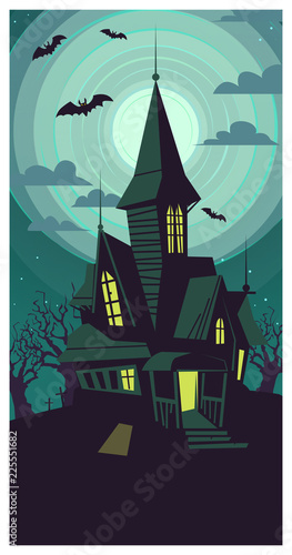 Dark dilapidated gothic building on full moon vector illustration. Black bats flying around mystic house with lights in windows. Halloween concept