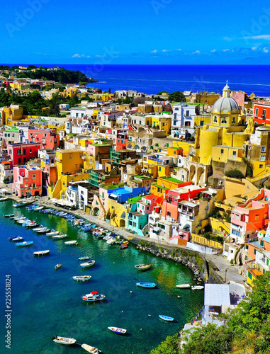 View of the Port of Corricella with lots of colorful houses on a sunny day in Procida Island  Italy.