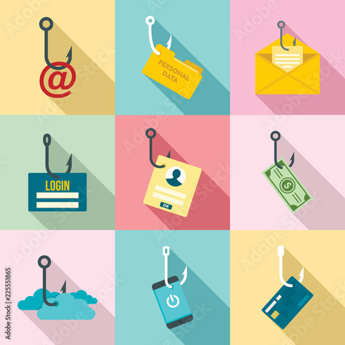 Phishing icon set. Flat set of phishing vector icons for web design