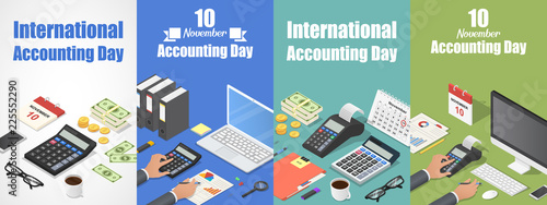 Accounting day banner set. Isometric set of accounting day vector banner for web design photo