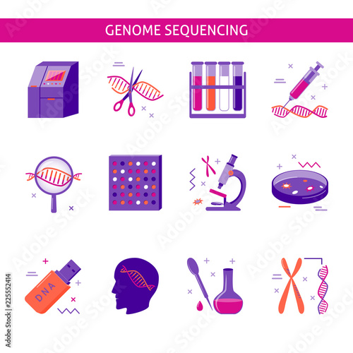 Genome research icon set in flat style