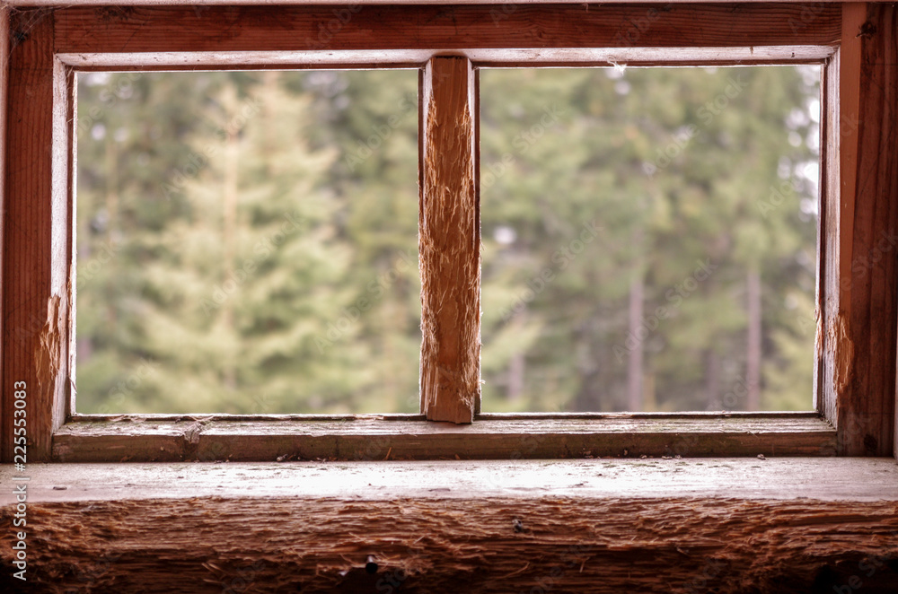 Fototapeta premium Two wooden windows. The window is divided into two.