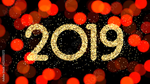 Golden shiny 2019 New Year sign on red bokeh background.