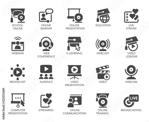 Flat icons of webinars, online education. web conferences, remote video meetings. Modern Internet technologies and communications label series. Global network concept set. Vector illustration isolated