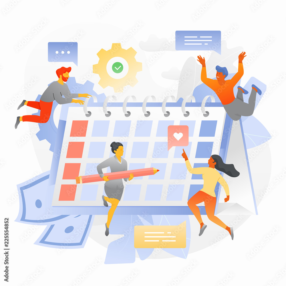 Schedule a Project Plan Illustration with Tiny People. Business team is planning a project schedule. Trendy vector illustration for business planning, news, and events, reminder and timetable. 