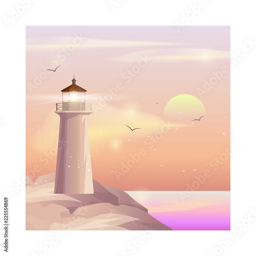 Lighthouse on ocean or sea beach cartoon background vector illustration. Lighthouse on coast of sea, structure of lighthouse on shore