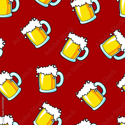 Seamless pattern with mug of beer on red background. Octoberfest day concept. Autumn holidays. Isolated vector Illustration. Design for web page, fabric, wallpaper, textile, invitations, flyers.