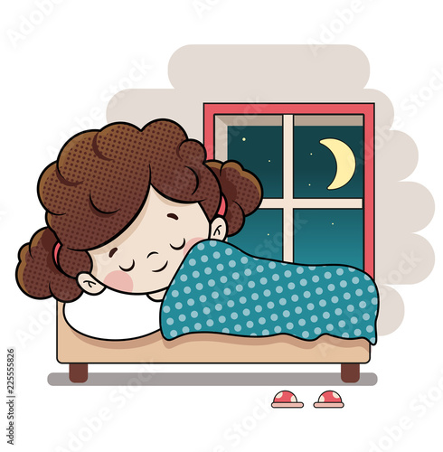 Niña durmiendo en su cama con una ventana