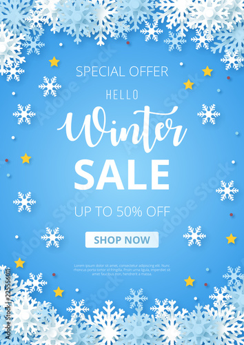 Winter sale banner. Origami snowfall. Vector Illustration.