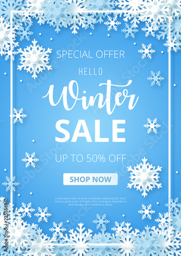Winter sale banner. Origami snowfall. Vector Illustration.