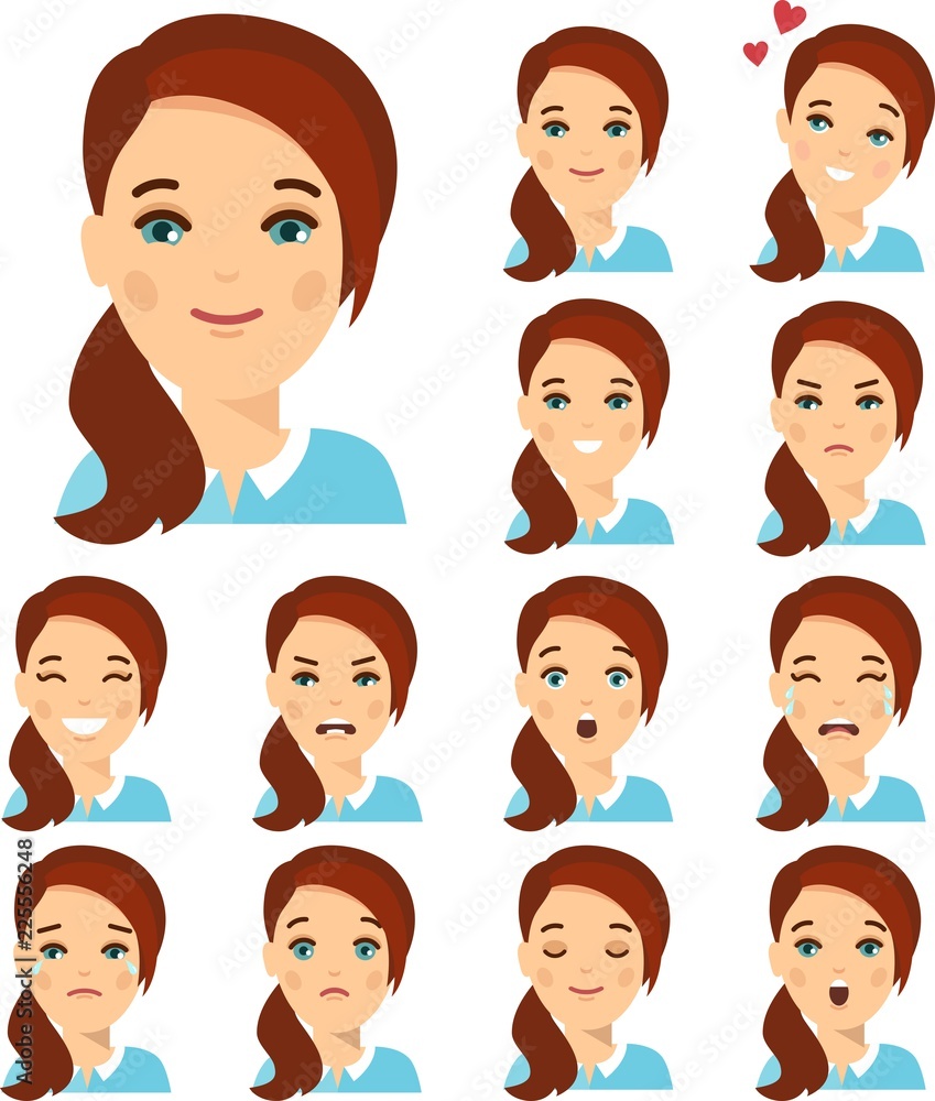Set of different avatar woman people in colorful flat style. Collection of various emotion expression avatar female happy, angry, sad, funny.
Set of different avatar woman people in colorful flat style. Collection of various emotion expression avatar female happy, angry, sad, funny.