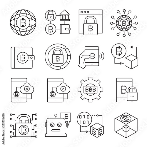 cryptocurrency, bitcoin and blockchain technology icons