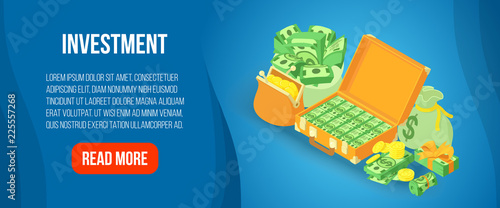 Investment concept banner. Isometric banner of investment vector concept for web, giftcard and postcard