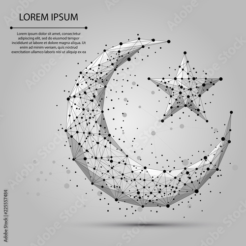 Abstract mash line and point crescent moon. Abstract vector polygonal wireframe illustration on grey background. Arabic, islamic, muslim, ramadan design