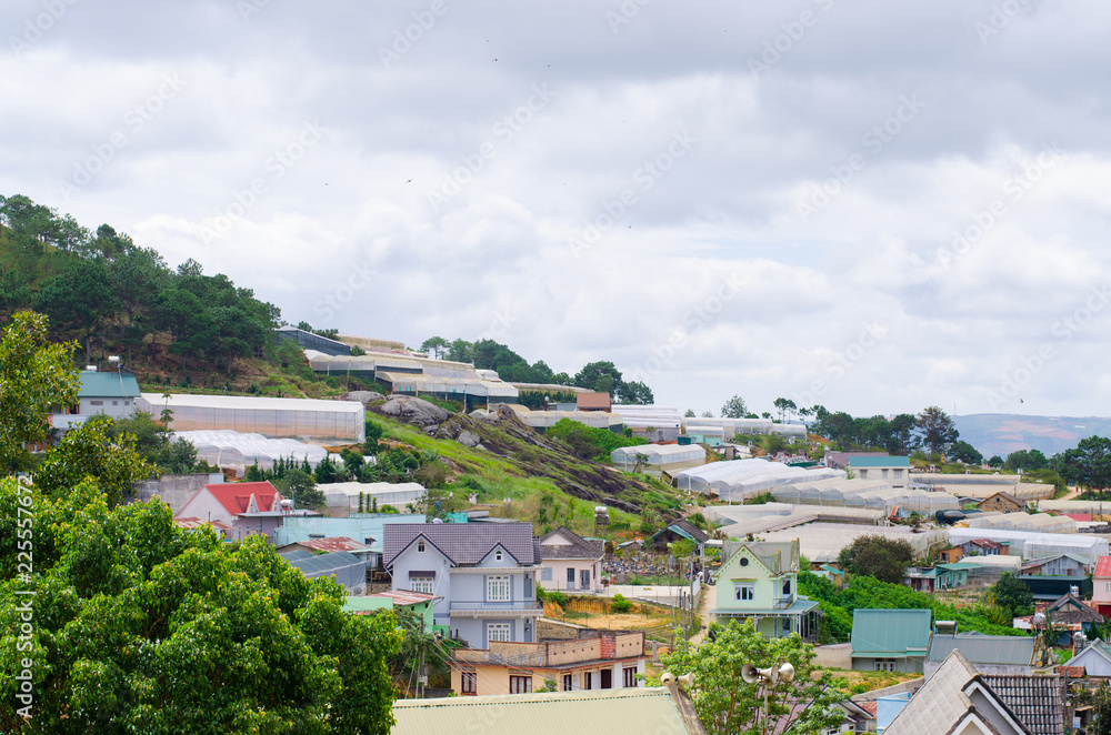 Obraz premium Dalat city, Vietnam, View of many houses from hill, The architecture of Dalat, Cityscape, Panorama landscape. a Lat (Dalat) is famous for its wide variety of flowers, vegetables and fruit.