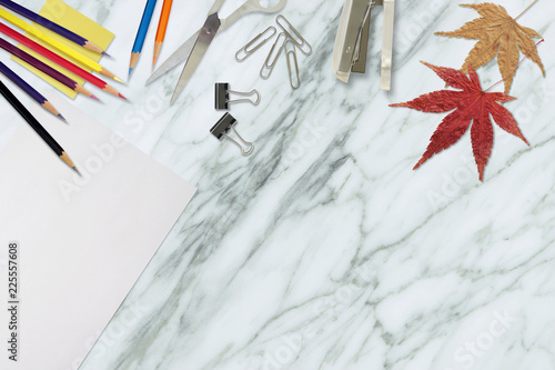 Top View of Work Space on Marble Table with Artist Supplies and Colorful Leaves, Autumn, Modern Design Concept photo