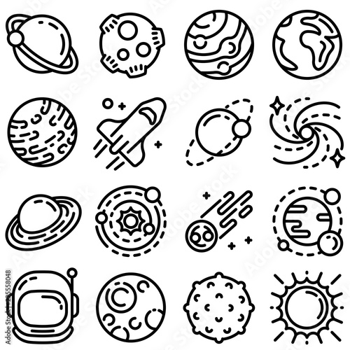 Planets icon set. Outline set of planets vector icons for web design isolated on white background