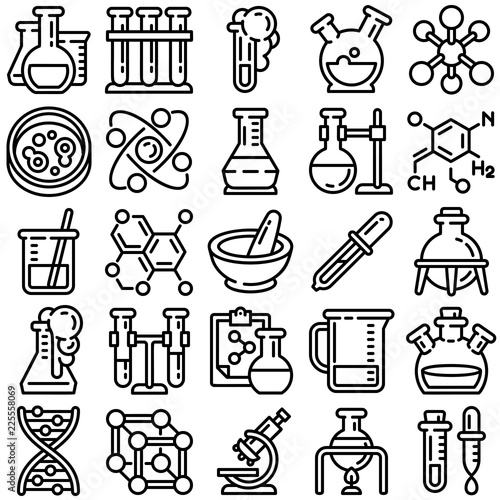 Chemistry icon set. Outline set of chemistry vector icons for web design isolated on white background
