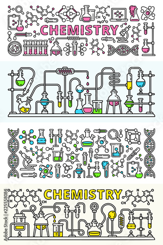 Chemistry lab banner set. Outline set of chemistry lab vector banner for web design
