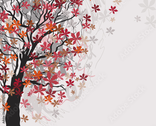 Red chestnut leaves falling from tree on wind. Autumn background.