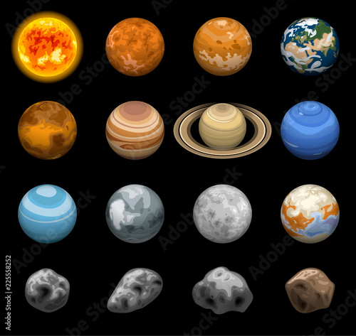 Space planets icon set. Isometric set of space planets vector icons for web design isolated on black background