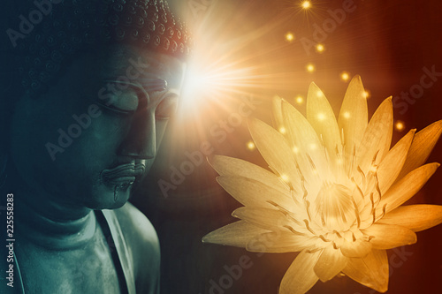 peace buddha face enlighten with golden lotus light of buddhist peace