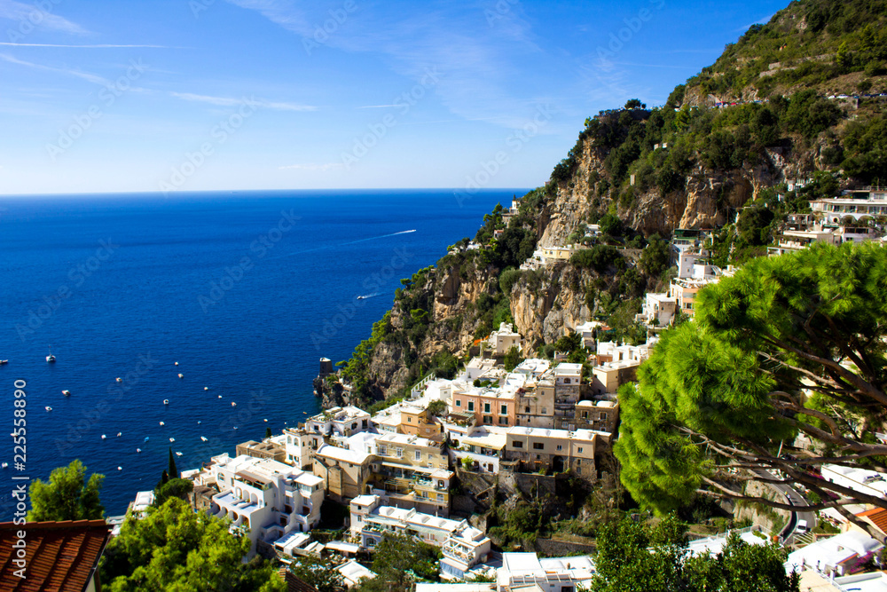 Panoramic view of the city and sea on the sunny day.Positano.Italy.