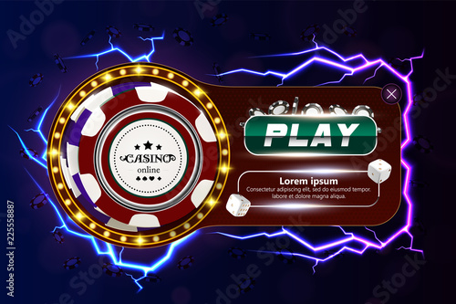 Casino poker web banner with chips, dice and play button. Casino game 3D chips. Online casino banner. Casino realistic chips. Gambling concept, poker mobile app icon. dice falling in the air.