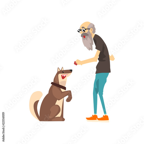 Grandfather training his dog, lonely senior man and his animal pet vector Illustration on a white background