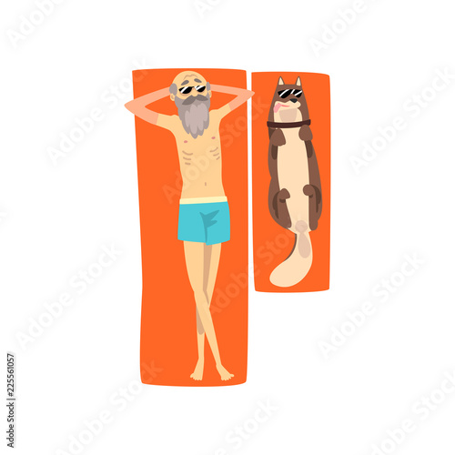 Grandpa sunbathing on the beach with his dog, lonely senior man and his animal pet on vacation vector Illustration on a white background