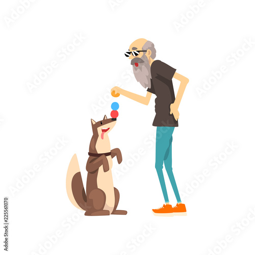 Grandpa playing with balls with his dog, lonely senior man and his animal pet vector Illustration on a white background.