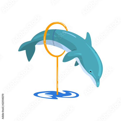 Dolphin jumping through a ring, sea animal performing in public in dolphinarium vector Illustration on a white background