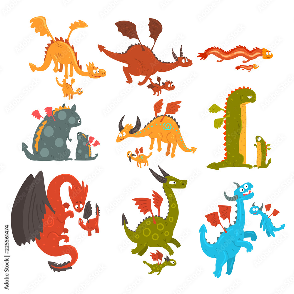 Mature dragons and small baby dragons set, loving mothers and their kids, families of mythical animals cartoon characters vector Illustration on a white background