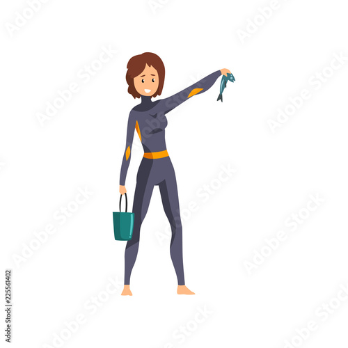 Female animal trainer feeding marine animals with fish in dolphinarium vector Illustration on a white background