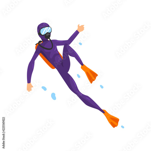Man in diving suit and fins swimming underwater with scuba vector Illustration on a white background