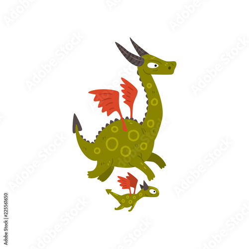 Cute horned mature dragon with wings and baby dragon, mother and her child, family of mythical animals cartoon characters vector Illustration on a white background © topvectors