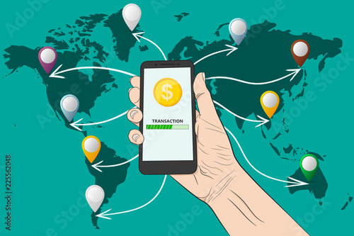 Sending money with a smartphone. Vector illustration