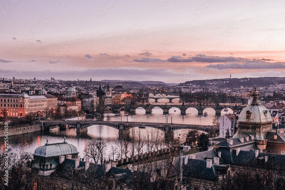 view of Prague and its bridges crossing the Vltava river