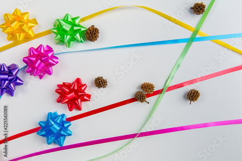 A top view of pink, yellow, red, green, blue and purple gift wrap bows with free lying ribbons and small dry plants  on white background