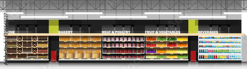 Interior scene of modern supermarket with products , vector , illustration