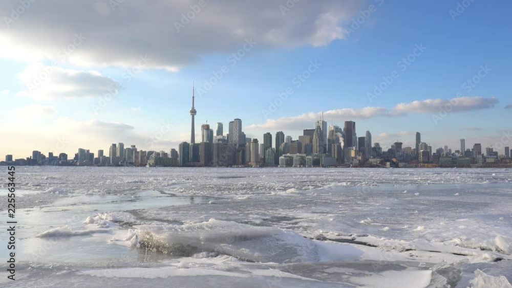 Toronto Island ferry view of ice filled Inner Harbour and city skyline in 2018. Some bumpy motions due to ice breaking actions of the boat Toronto Island ferry view of ice filled Inner Harbour and city skyline in 2018. Some bumpy motions due to ice breaking actions of the boat