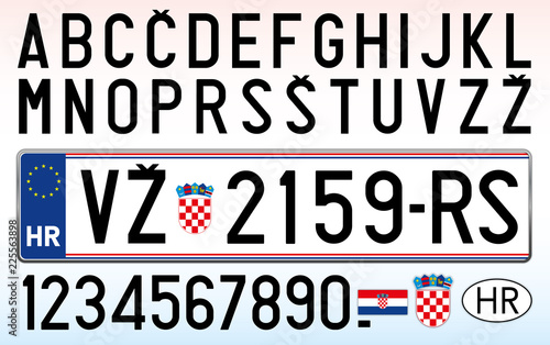 Croatia car license plate, letters, numbers and symbols, vector illustration