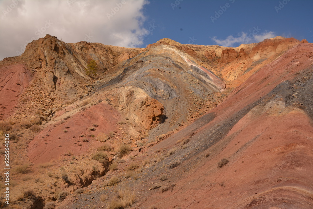 Fototapeta premium mountains landscape nature landscape view sky air oxygen autumn season grass trees blue yellow sand stone gray brown ridge water river rocks rock blue Altai,Russia open space