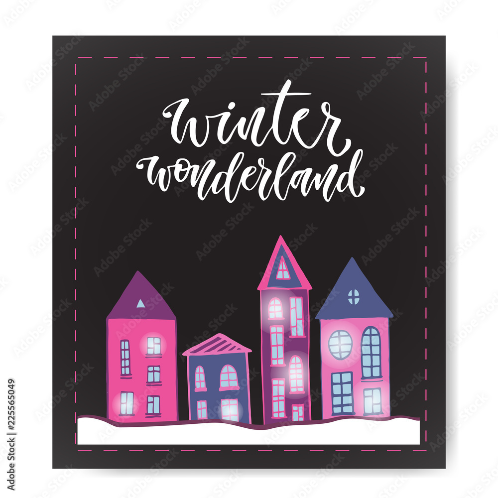Christmas poster with cute houses. Greeting card design. New Year modern calligraphy.