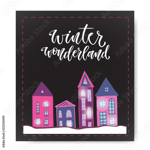 Christmas poster with cute houses. Greeting card design. New Year modern calligraphy.