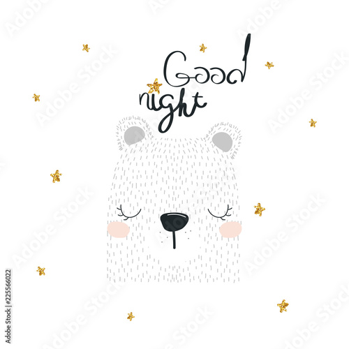 Good night cute print with polar bear.Vector hand drawn illustration.